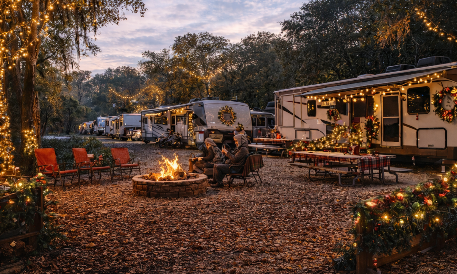 Festively decorated RVs and campers celebrating the holidays at Pecan Park Riverside RV Park in San Marcos, Texas