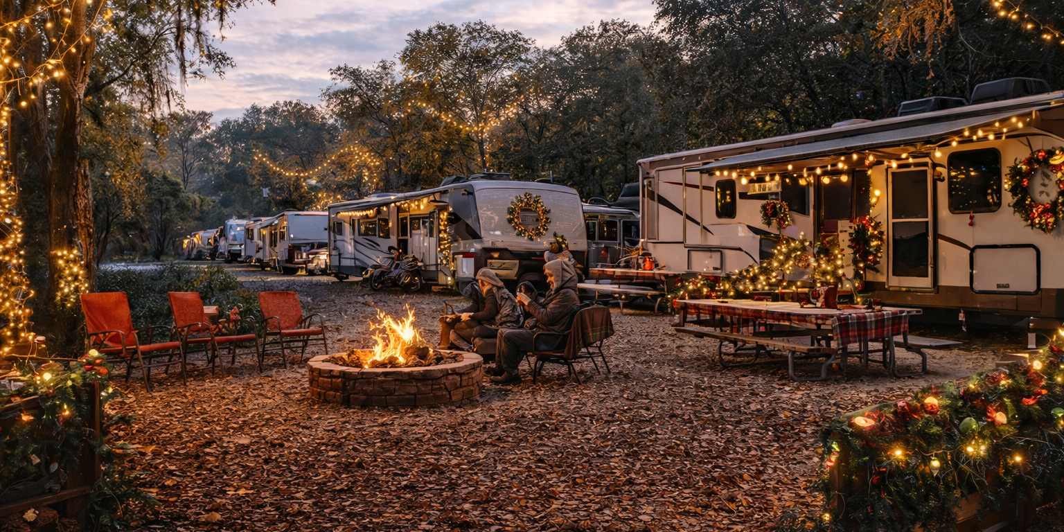 Celebrating the Holidays While RVing at Pecan Park Riverside RV Park Festively decorated RVs and campers celebrating the holidays at Pecan Park Riverside RV Park in San Marcos, Texas