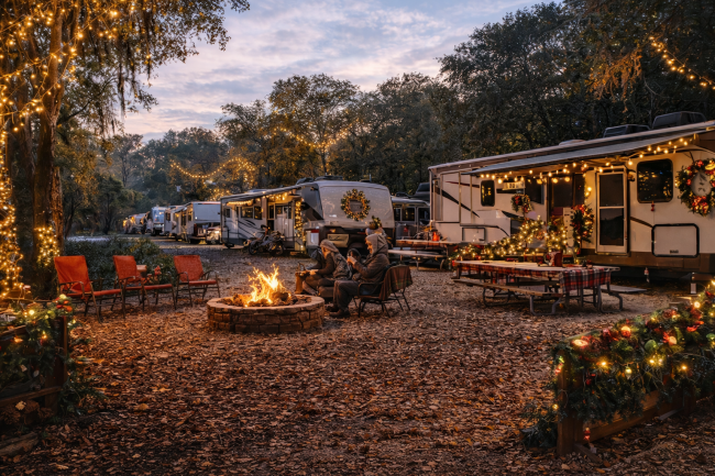 Festively decorated RVs and campers celebrating the holidays at Pecan Park Riverside RV Park in San Marcos, Texas