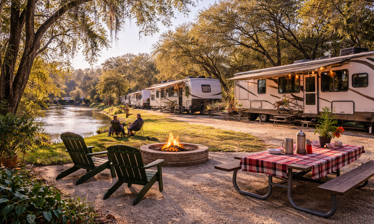 RVs parked along the river at Pecan Park Riverside RV Park during a mild December day in Central Texas