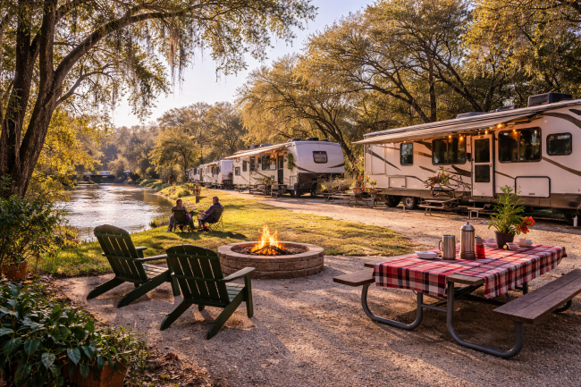 RV Life in December at Pecan Park Riverside RV Park in Central Texas RVs parked along the river at Pecan Park Riverside RV Park during a mild December day in Central Texas