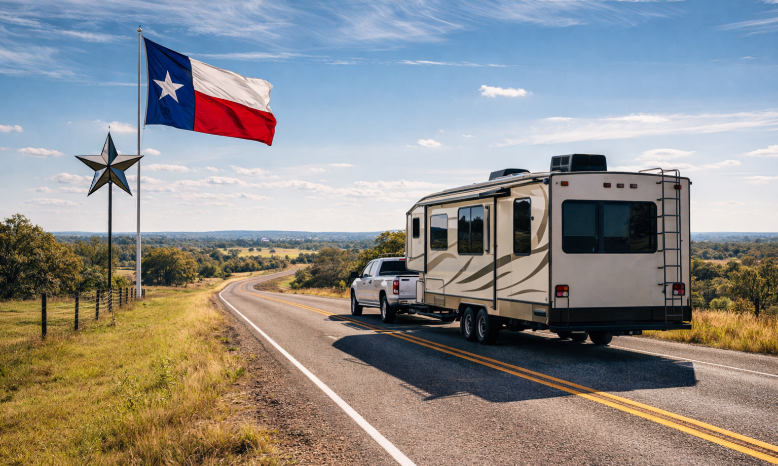 RVs set up along the river at Pecan Park Riverside RV Park during a comfortable January day in Central Texas