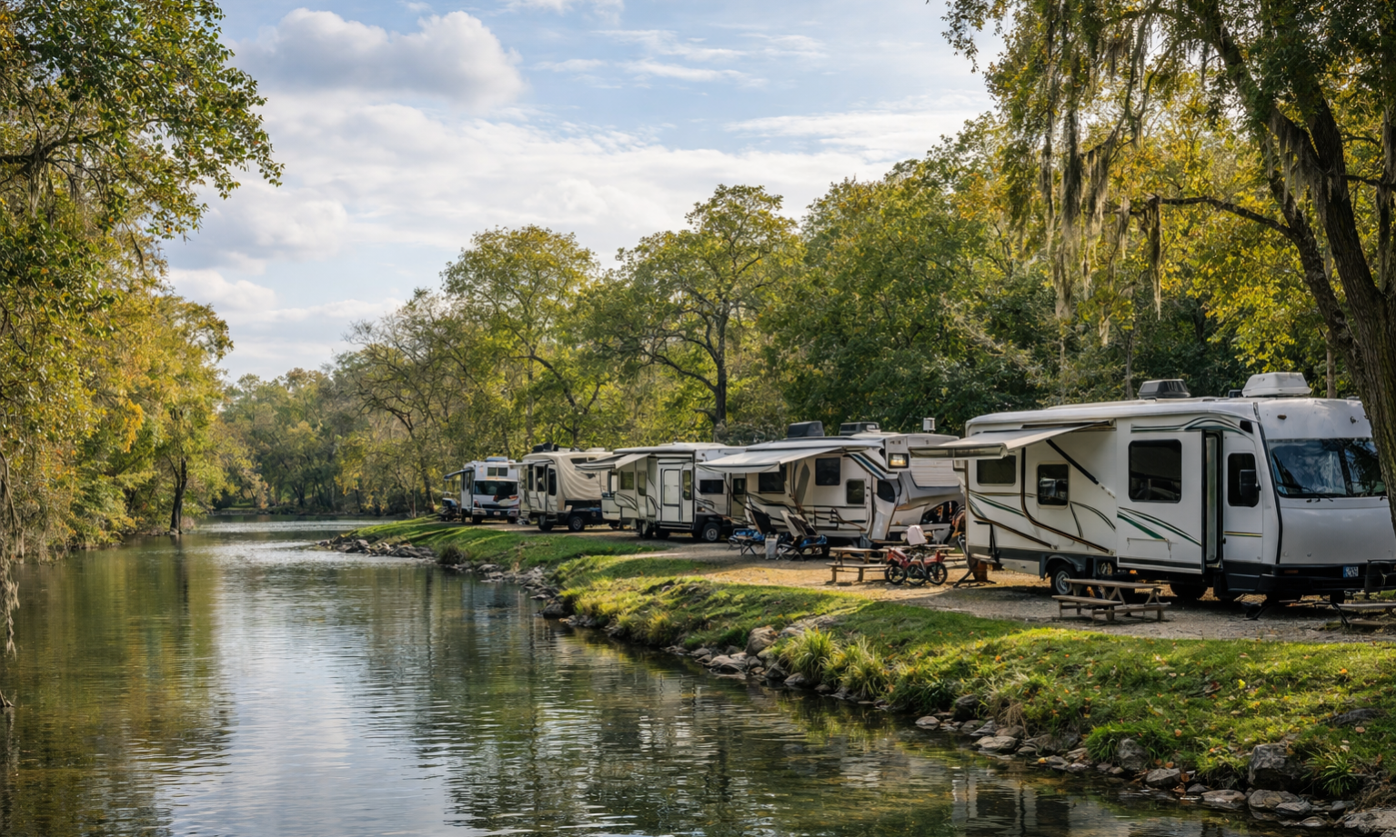 Long-term RVs parked along the river at Pecan Park Riverside RV Park during a mild Texas winter