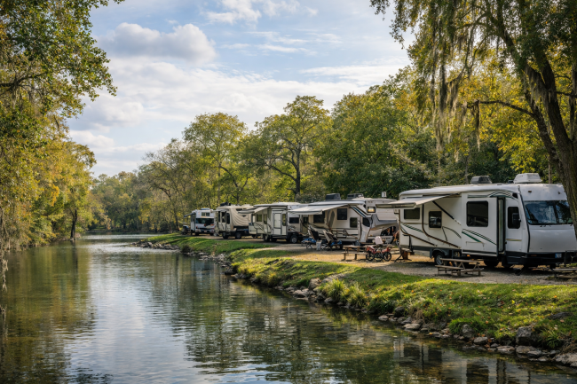 Winter RV Living at Pecan Park Riverside RV Park in Texas Hill Country Long-term RVs parked along the river at Pecan Park Riverside RV Park during a mild Texas winter